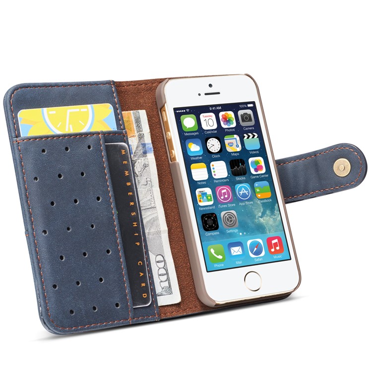 Retro Style Split Leather Wallet Stand Phone Flip Case with Strap for iPhone SE/5s/5 - Black-7