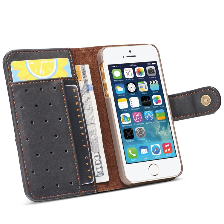 Retro Style Split Leather Wallet Stand Phone Flip Case with Strap for iPhone SE/5s/5 - Black-8