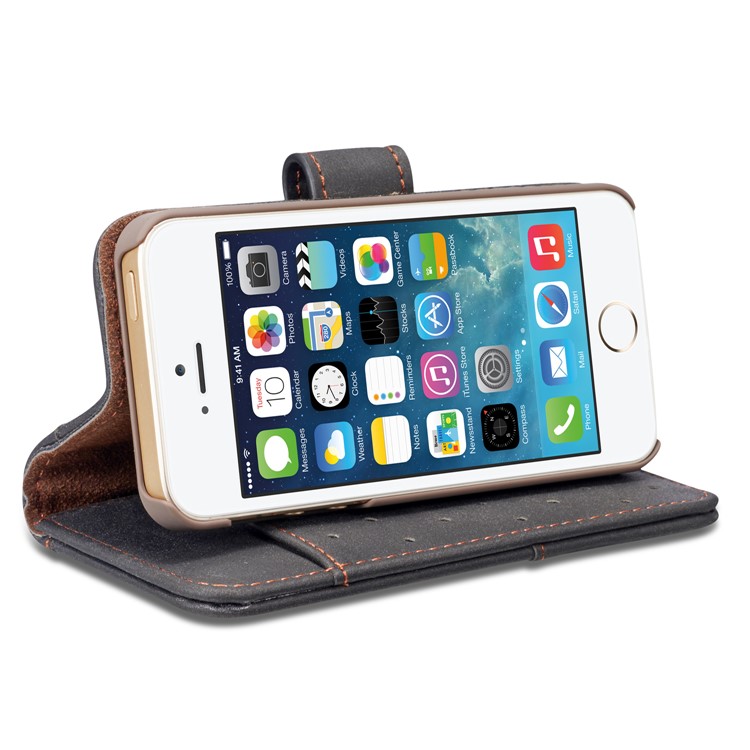 Retro Style Split Leather Wallet Stand Phone Flip Case with Strap for iPhone SE/5s/5 - Black-9