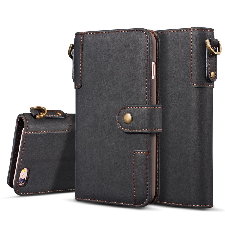 Retro Style Split Leather Wallet Stand Phone Flip Case with Strap for iPhone 8/7 4.7 inch - Black-1