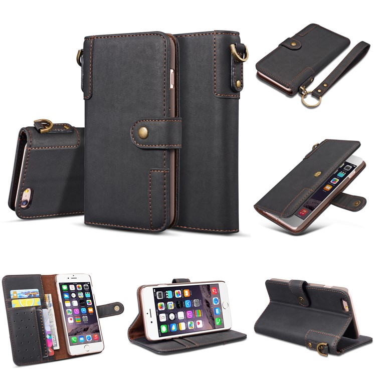 Retro Style Split Leather Wallet Stand Phone Flip Case with Strap for iPhone 8/7 4.7 inch - Black-6