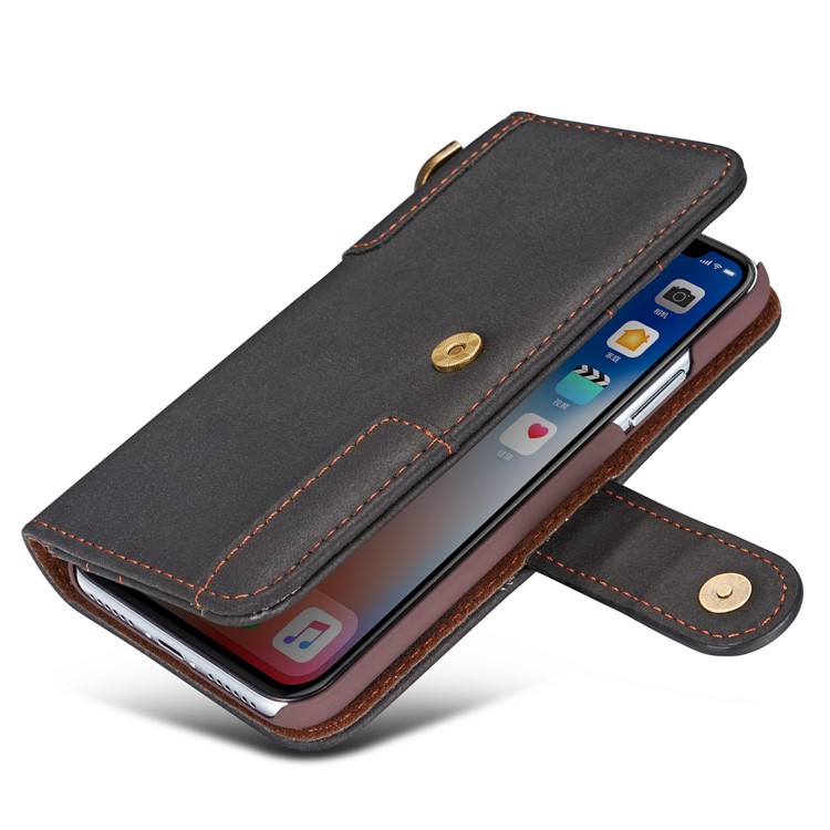 Retro Style Spilt Leather Wallet Stand Phone Flip Case with Strap for iPhone X/10 5.8 inch - Black-10