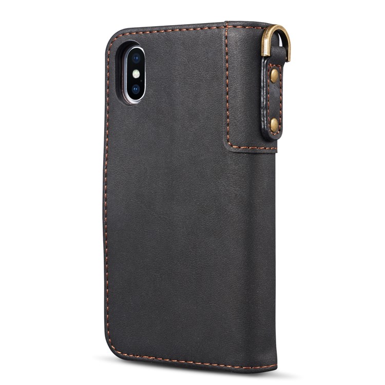 Retro Style Spilt Leather Wallet Stand Phone Flip Case with Strap for iPhone X/10 5.8 inch - Black-13