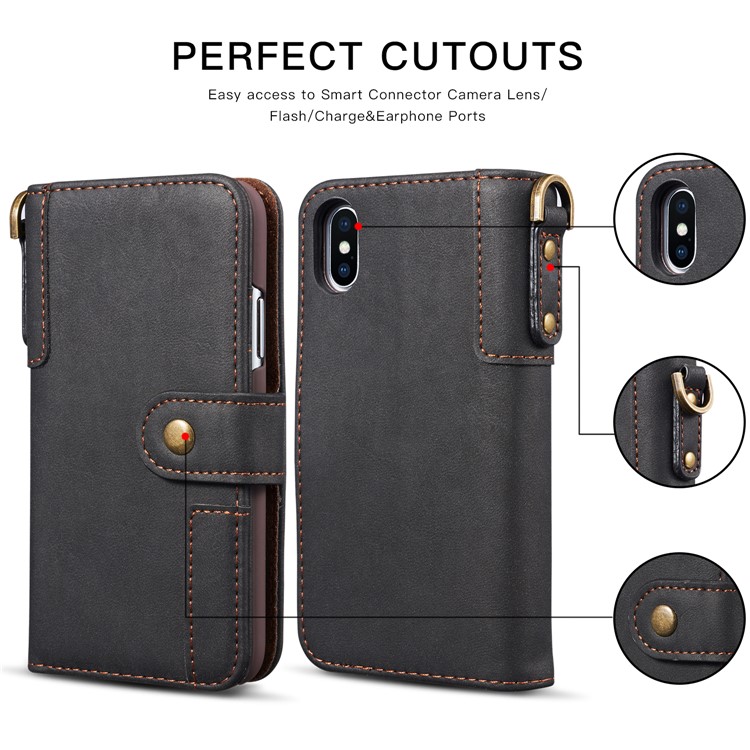 Retro Style Spilt Leather Wallet Stand Phone Flip Case with Strap for iPhone X/10 5.8 inch - Black-2