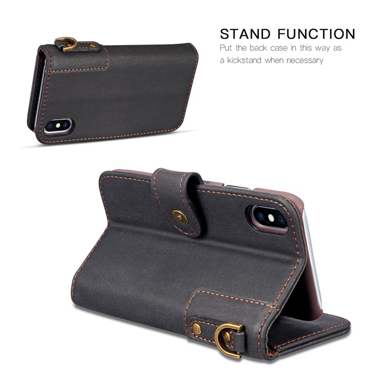 Retro Style Spilt Leather Wallet Stand Phone Flip Case with Strap for iPhone X/10 5.8 inch - Black-3
