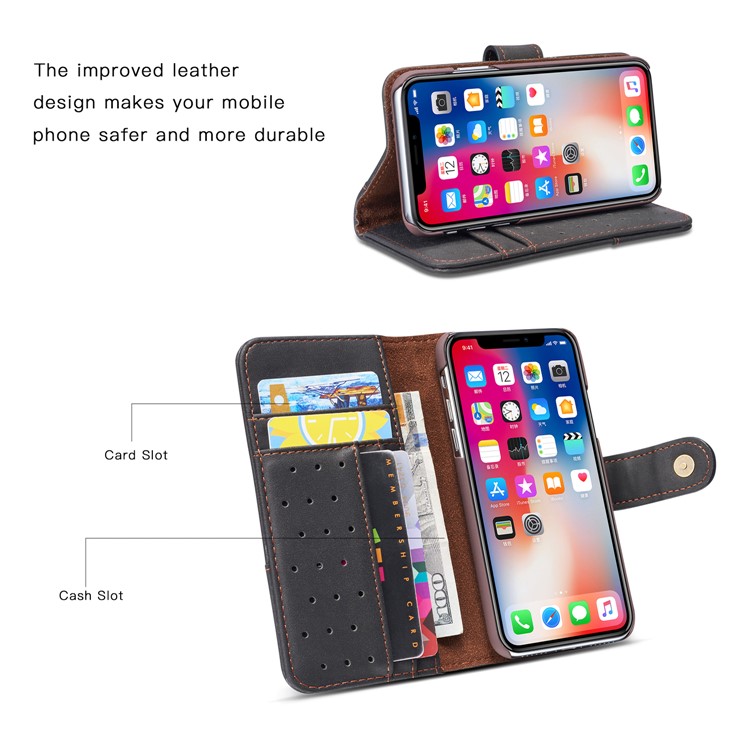 Retro Style Spilt Leather Wallet Stand Phone Flip Case with Strap for iPhone X/10 5.8 inch - Black-4