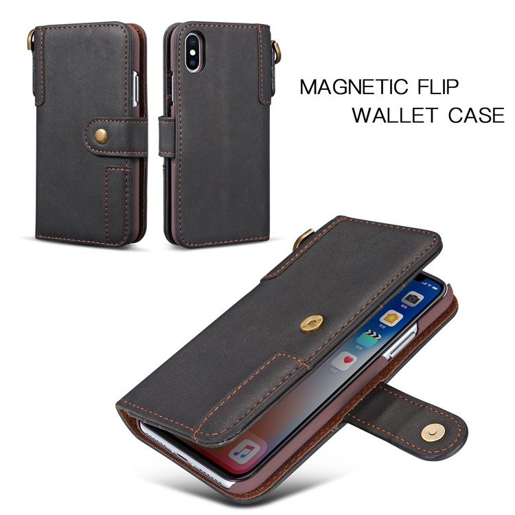 Retro Style Spilt Leather Wallet Stand Phone Flip Case with Strap for iPhone X/10 5.8 inch - Black-5