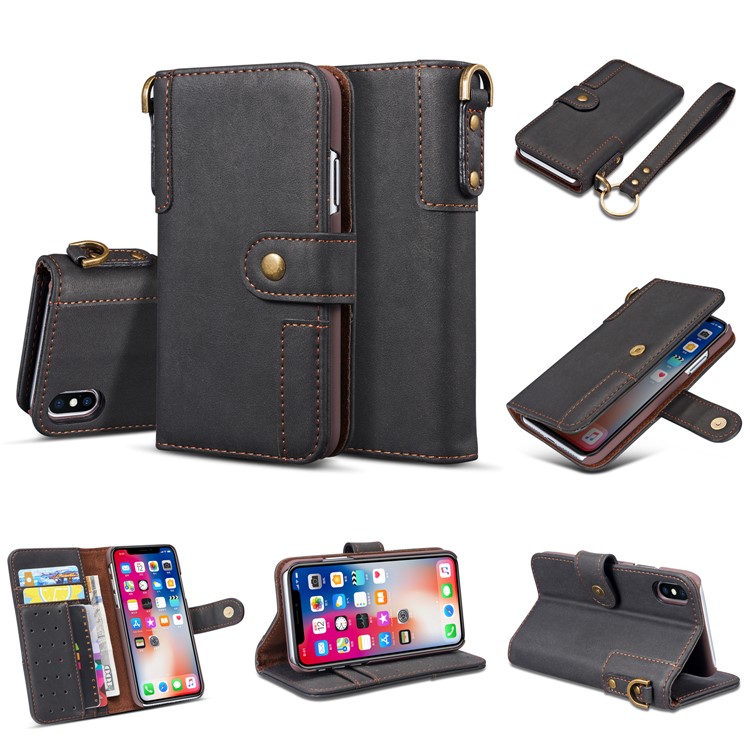 Retro Style Spilt Leather Wallet Stand Phone Flip Case with Strap for iPhone X/10 5.8 inch - Black-6