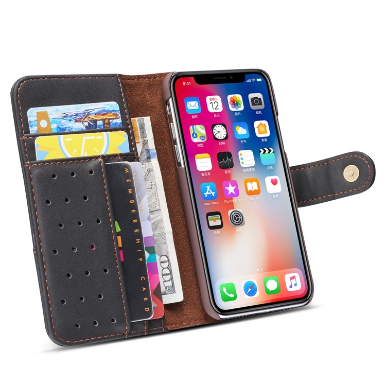 Retro Style Spilt Leather Wallet Stand Phone Flip Case with Strap for iPhone X/10 5.8 inch - Black-7