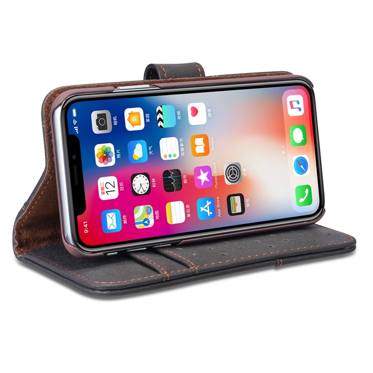 Retro Style Spilt Leather Wallet Stand Phone Flip Case with Strap for iPhone X/10 5.8 inch - Black-8