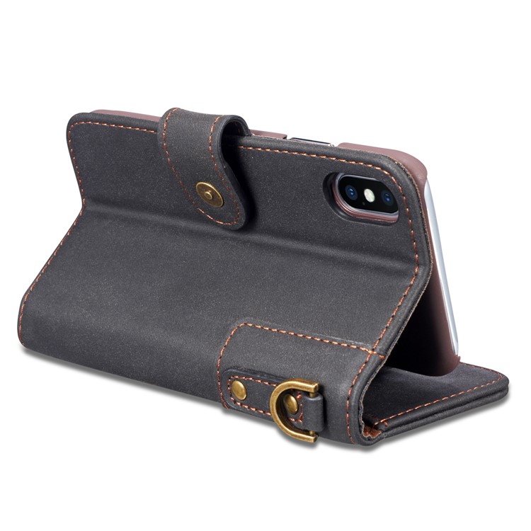 Retro Style Spilt Leather Wallet Stand Phone Flip Case with Strap for iPhone X/10 5.8 inch - Black-9