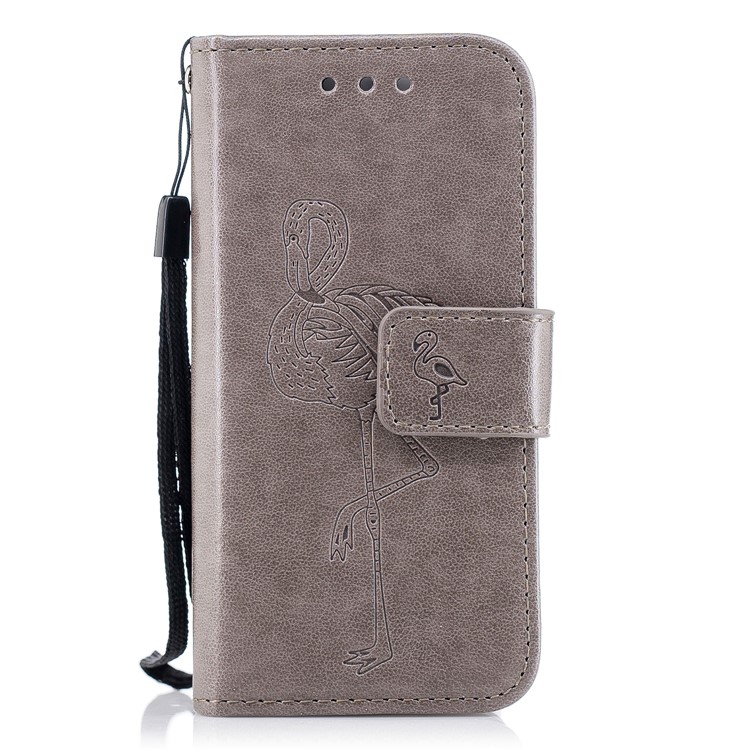 Imprint Flamingo Pattern Wallet Stand Leather Case with Strap for iPhone SE / 5s / 5 - Grey-1