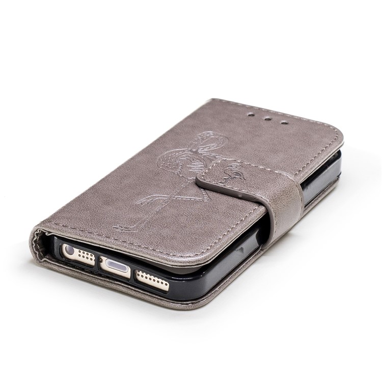 Imprint Flamingo Pattern Wallet Stand Leather Case with Strap for iPhone SE / 5s / 5 - Grey-5
