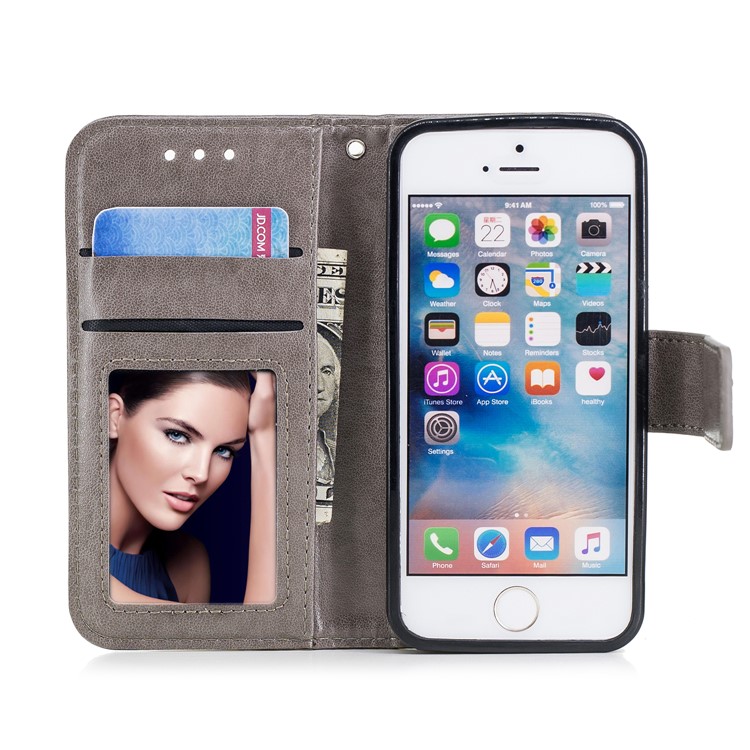 Imprint Flamingo Pattern Wallet Stand Leather Case with Strap for iPhone SE / 5s / 5 - Grey-7