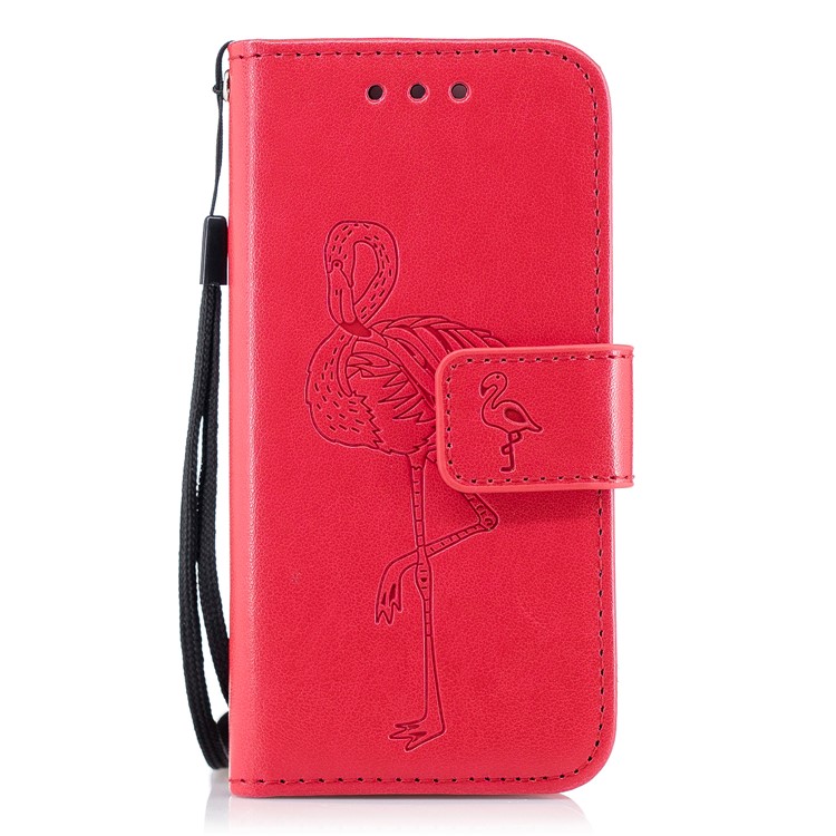 Imprint Flamingo Pattern Wallet Stand Leather Cover with Strap for iPhone SE / 5s / 5 - Red-1
