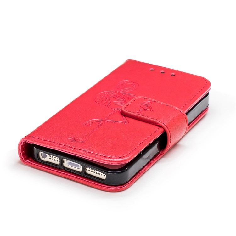 Imprint Flamingo Pattern Wallet Stand Leather Cover with Strap for iPhone SE / 5s / 5 - Red-5
