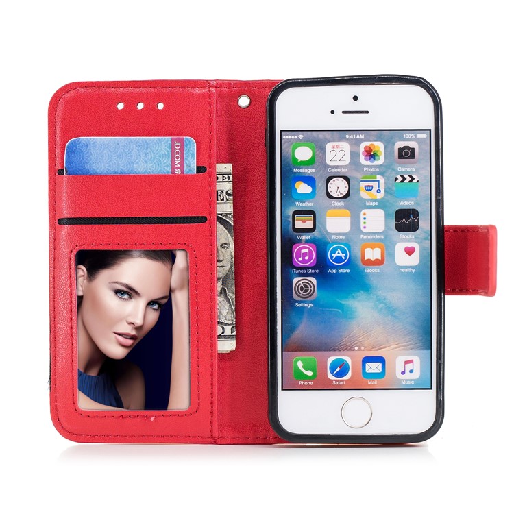 Imprint Flamingo Pattern Wallet Stand Leather Cover with Strap for iPhone SE / 5s / 5 - Red-7