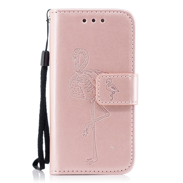 Imprint Flamingo Pattern Wallet Stand Leather Shell with Strap for iPhone SE / 5s / 5 - Rose Gold-1