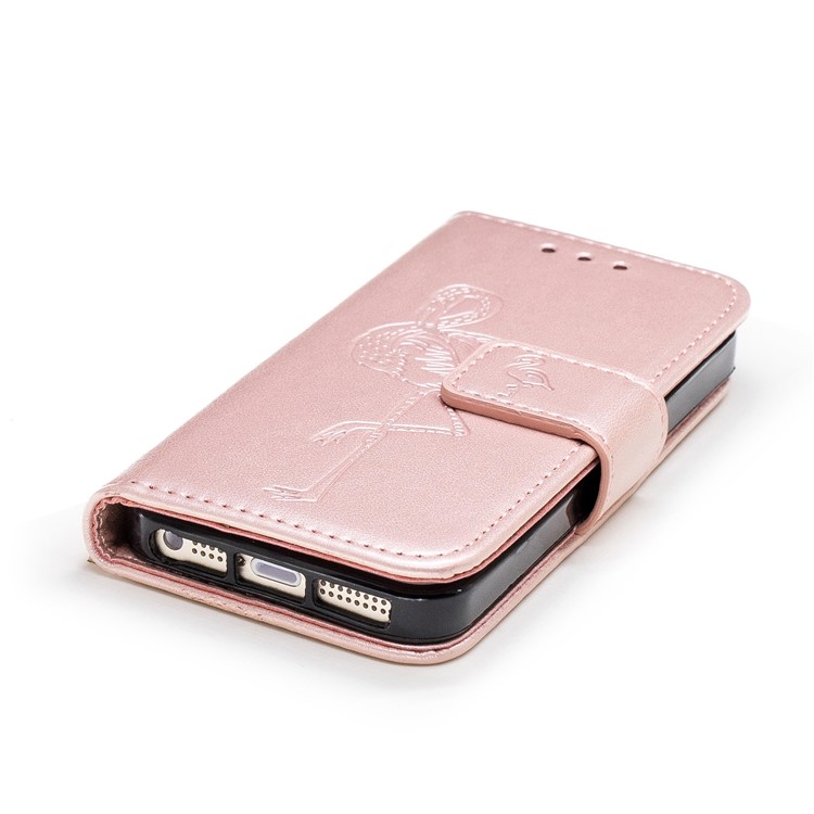 Imprint Flamingo Pattern Wallet Stand Leather Shell with Strap for iPhone SE / 5s / 5 - Rose Gold-5