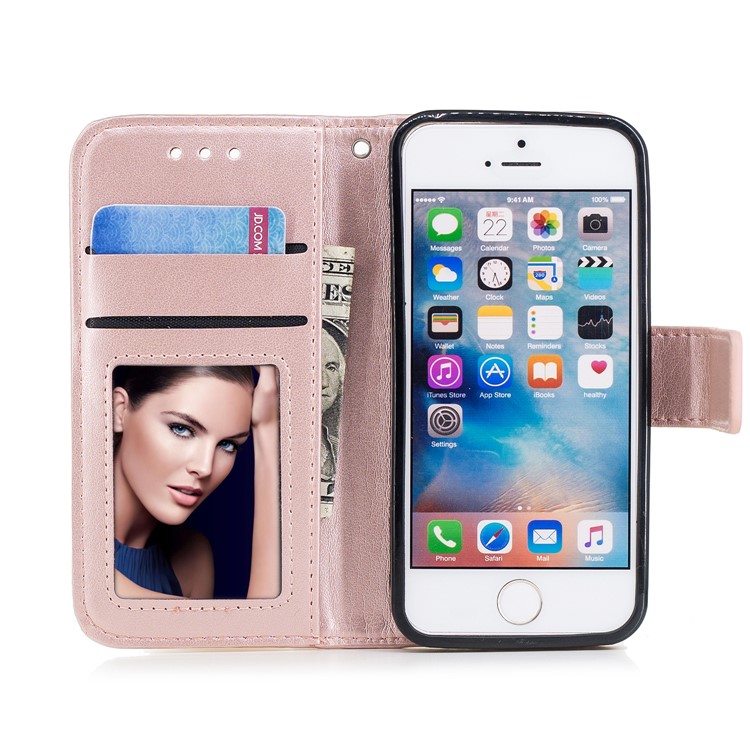 Imprint Flamingo Pattern Wallet Stand Leather Shell with Strap for iPhone SE / 5s / 5 - Rose Gold-7