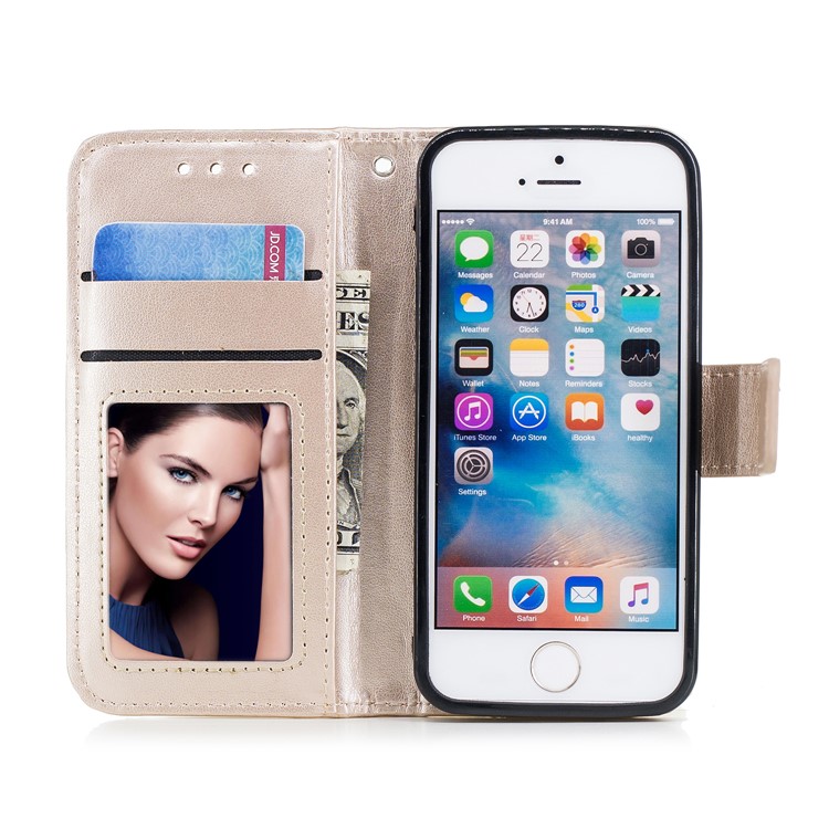 Imprint Flamingo Pattern Wallet Stand Leather Mobile Case for iPhone SE / 5s / 5 - Gold-7