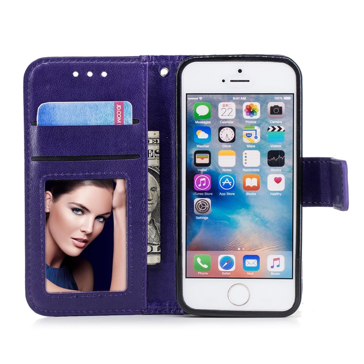 Imprint Flamingo Pattern Wallet Stand Leather Mobile Cover for iPhone SE / 5s / 5 - Purple-7