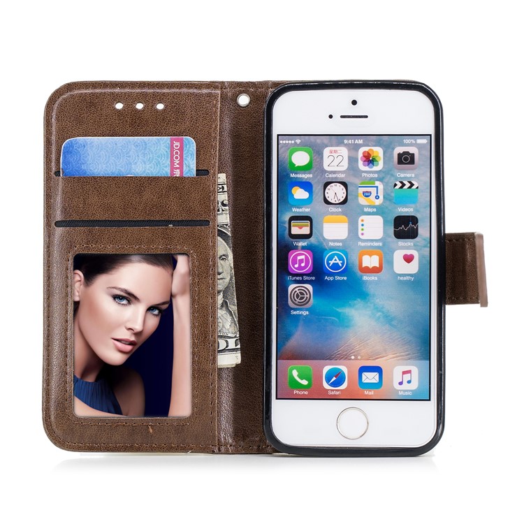 Imprint Flamingo Pattern Wallet Stand Leather Mobile Casing for iPhone SE / 5s / 5 - Brown-7