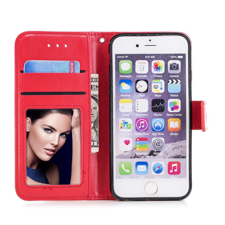 Imprint Flamingo Pattern Leather Wallet Stand Cover for iPhone 6s / 6 - Red-7