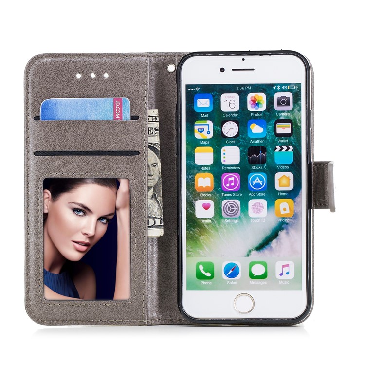 Imprinted Flamingo PU Leather Wallet Stand Case with Strap for iPhone 8 / 7 - Grey-7