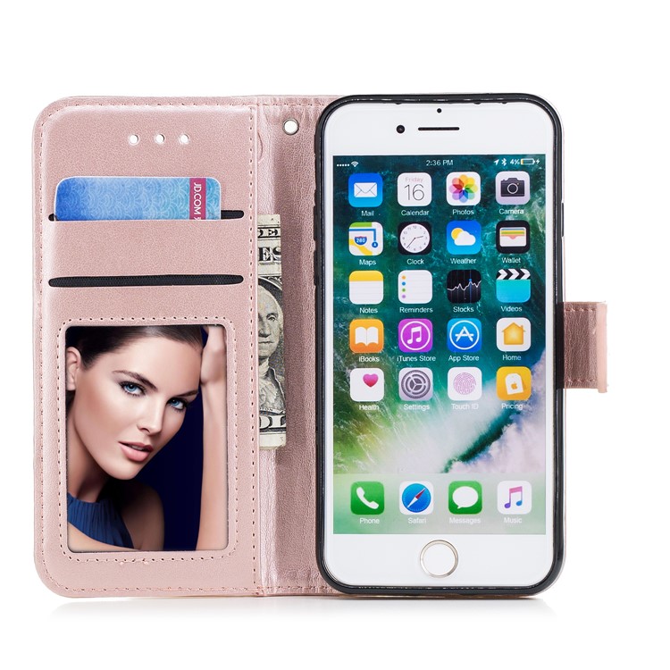 Imprinted Flamingo PU Leather Mobile Phone Shell with Card Slots for iPhone 8 / 7 - Rose Gold-7