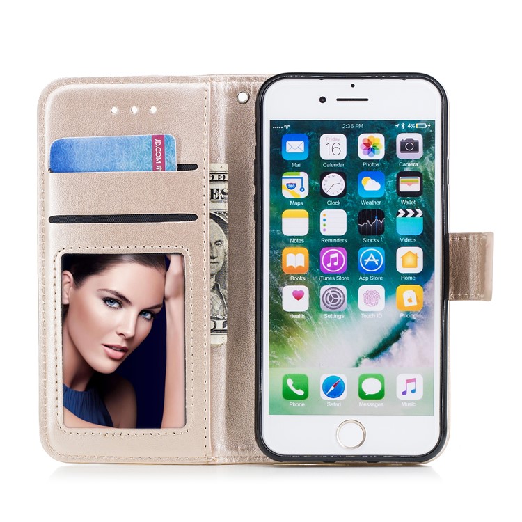 Imprinted Flamingo Wallet Leather Stand Mobile Phone Case for iPhone 8 / 7 - Gold-7