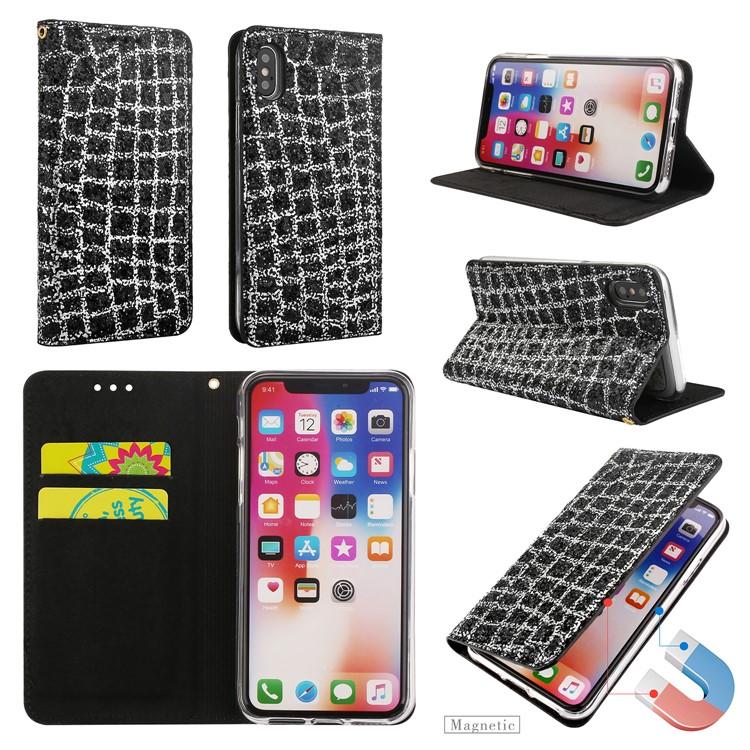 Rhinestone Decorated Leather Stand Case for iPhone X - Black-1