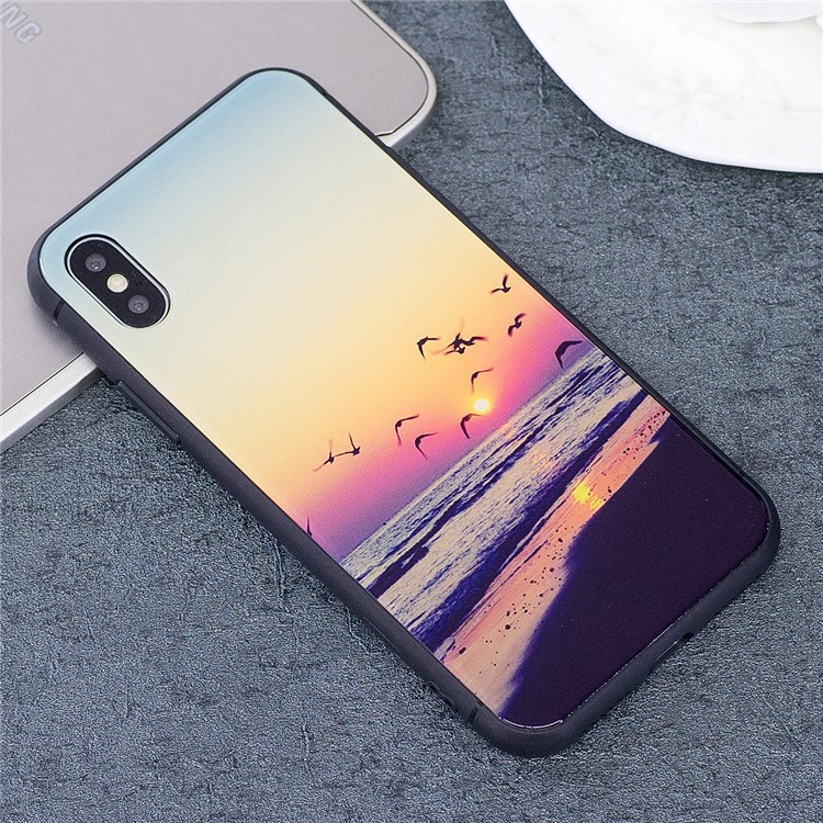 Patterned Tempered Glass Back+ TPU Frame Hybrid Drop-proof Case for iPhone X - Dusk Scenery-1