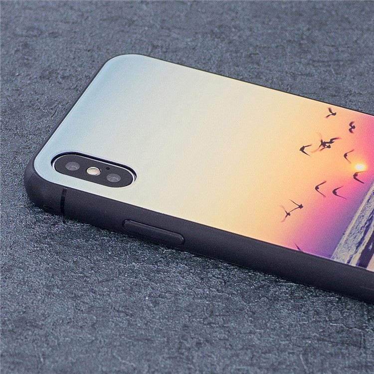 Patterned Tempered Glass Back+ TPU Frame Hybrid Drop-proof Case for iPhone X - Dusk Scenery-3