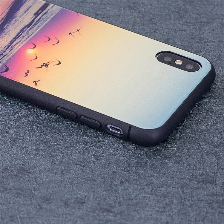 Patterned Tempered Glass Back+ TPU Frame Hybrid Drop-proof Case for iPhone X - Dusk Scenery-4