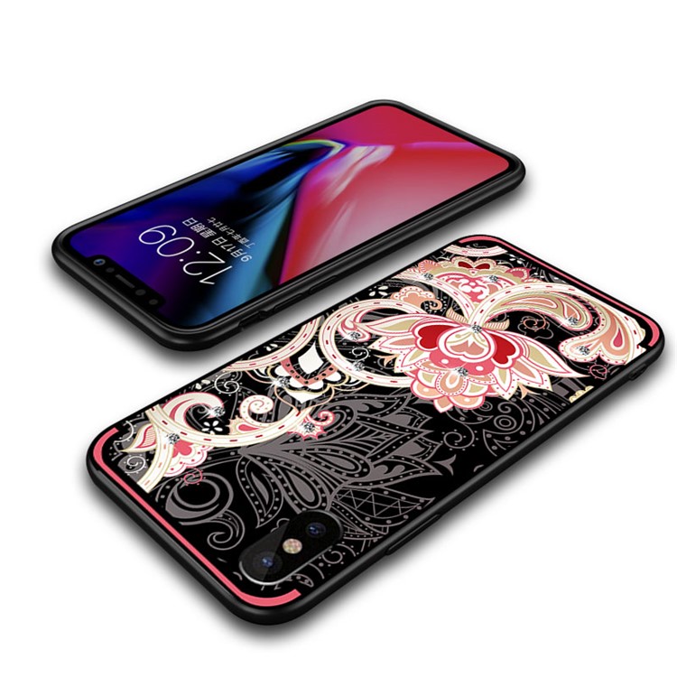 NXE Unique Series Flower Pattern Printing Rhinestone Decorated Soft TPU Case for iPhone X - Red-5