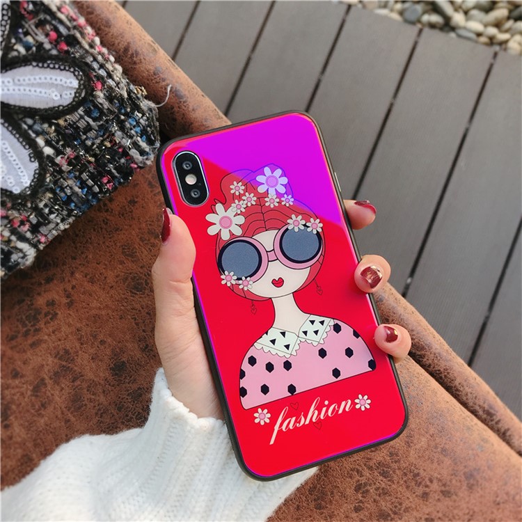 Glasses Girl Patterned Blue-ray Tempered Glass Back + TPU Edge Drop-proof Mobile Case for iPhone X - Red-1