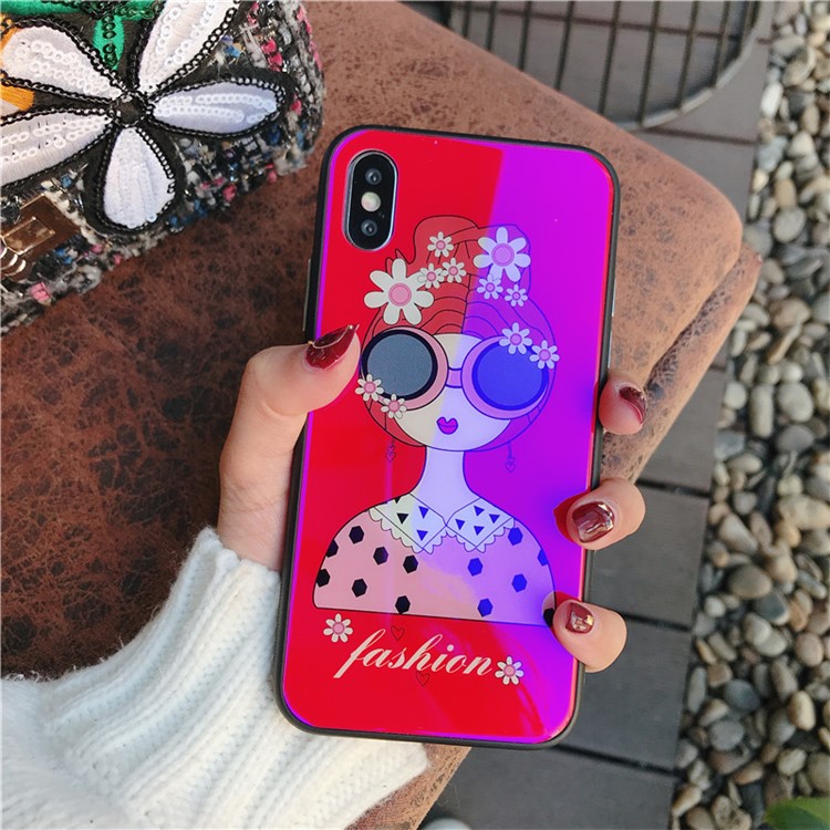 Glasses Girl Patterned Blue-ray Tempered Glass Back + TPU Edge Drop-proof Mobile Case for iPhone X - Red-2