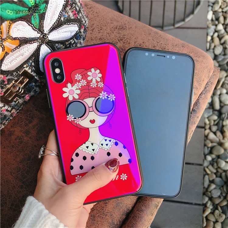 Glasses Girl Patterned Blue-ray Tempered Glass Back + TPU Edge Drop-proof Mobile Case for iPhone X - Red-3
