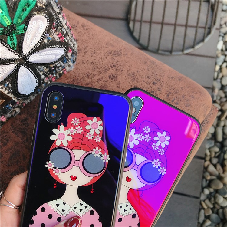 Glasses Girl Patterned Blue-ray Tempered Glass Back + TPU Edge Drop-proof Mobile Case for iPhone X - Red-4