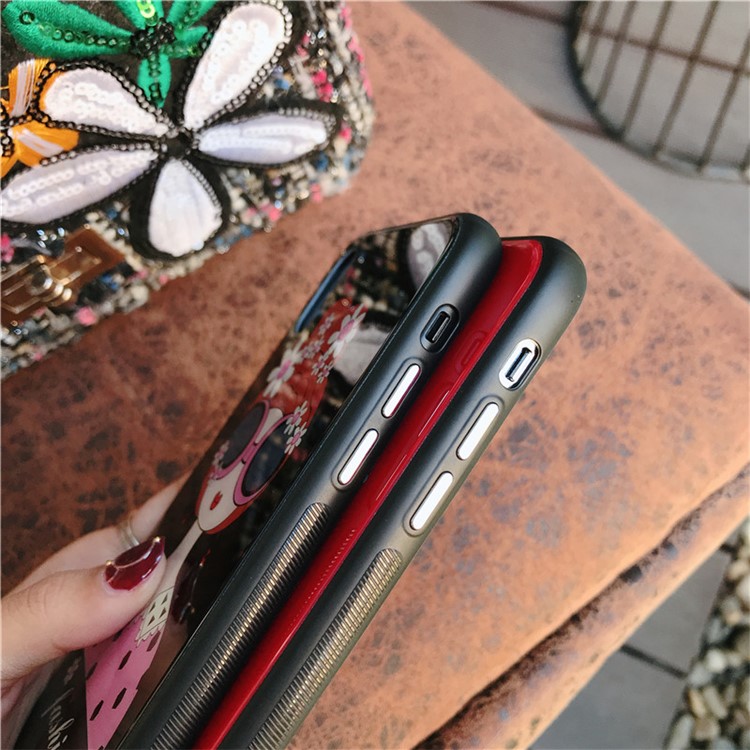 Glasses Girl Patterned Blue-ray Tempered Glass Back + TPU Edge Drop-proof Mobile Case for iPhone X - Red-5