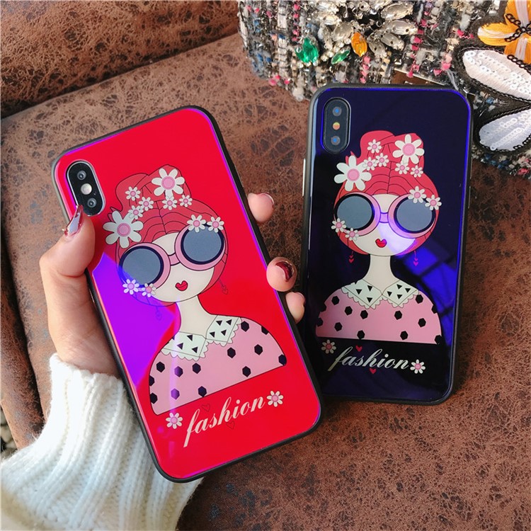 Glasses Girl Patterned Blue-ray Tempered Glass Back + TPU Edge Drop-proof Mobile Case for iPhone X - Red-7