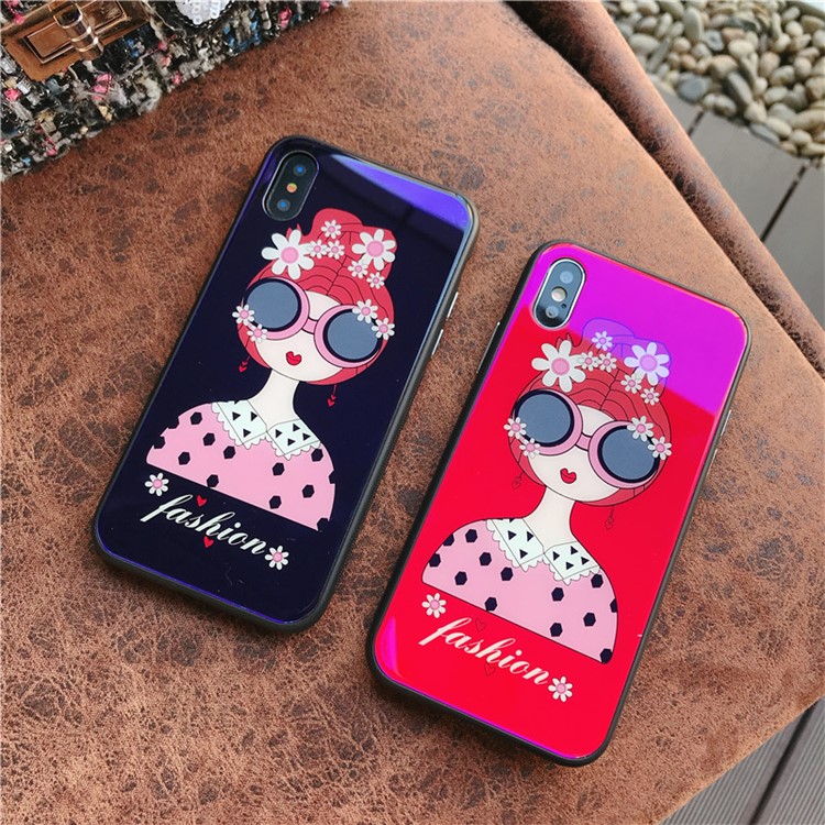 Glasses Girl Patterned Blue-ray Tempered Glass Back + TPU Edge Drop-proof Mobile Case for iPhone X - Red-8