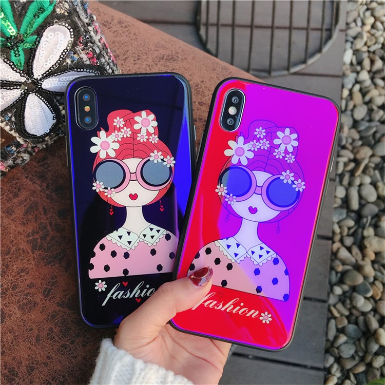 Glasses Girl Patterned Blue-ray Tempered Glass Back + TPU Edge Drop-proof Mobile Case for iPhone X - Red-9