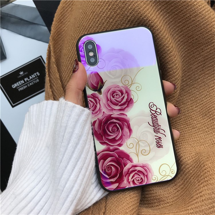 Roses Patterned Blue-ray Tempered Glass Back + TPU Edge Drop-proof Mobile Case for iPhone X - Pink-1
