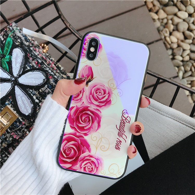 Roses Patterned Blue-ray Tempered Glass Back + TPU Edge Drop-proof Mobile Case for iPhone X - Pink-2