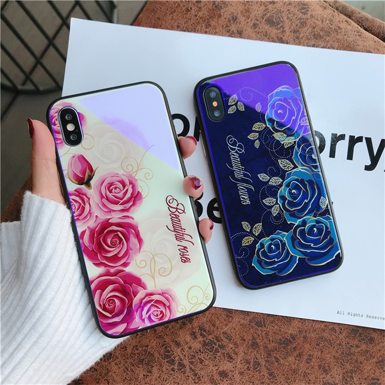 Roses Patterned Blue-ray Tempered Glass Back + TPU Edge Drop-proof Mobile Case for iPhone X - Pink-3