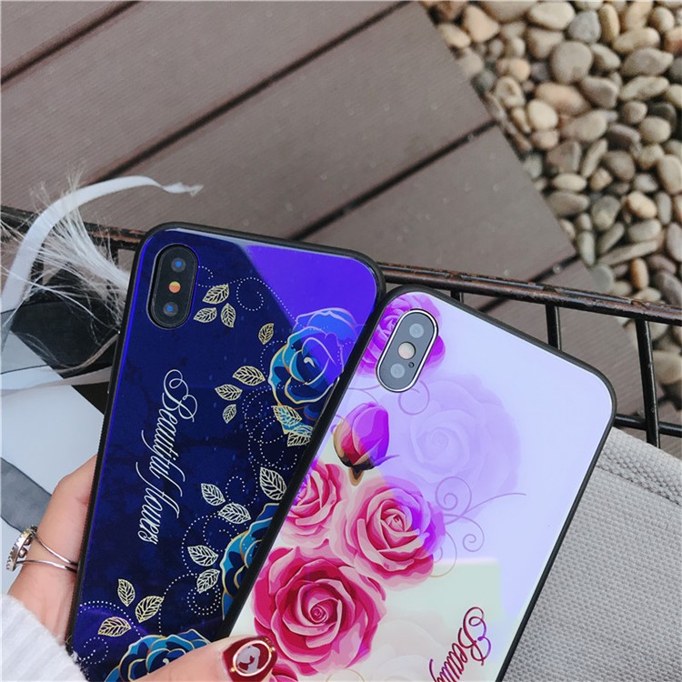 Roses Patterned Blue-ray Tempered Glass Back + TPU Edge Drop-proof Mobile Case for iPhone X - Pink-4