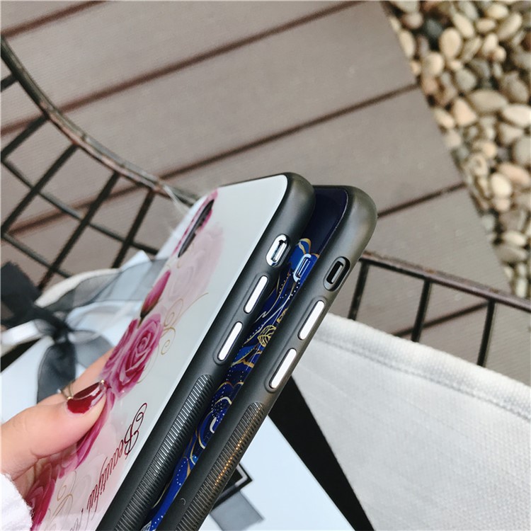 Roses Patterned Blue-ray Tempered Glass Back + TPU Edge Drop-proof Mobile Case for iPhone X - Pink-5