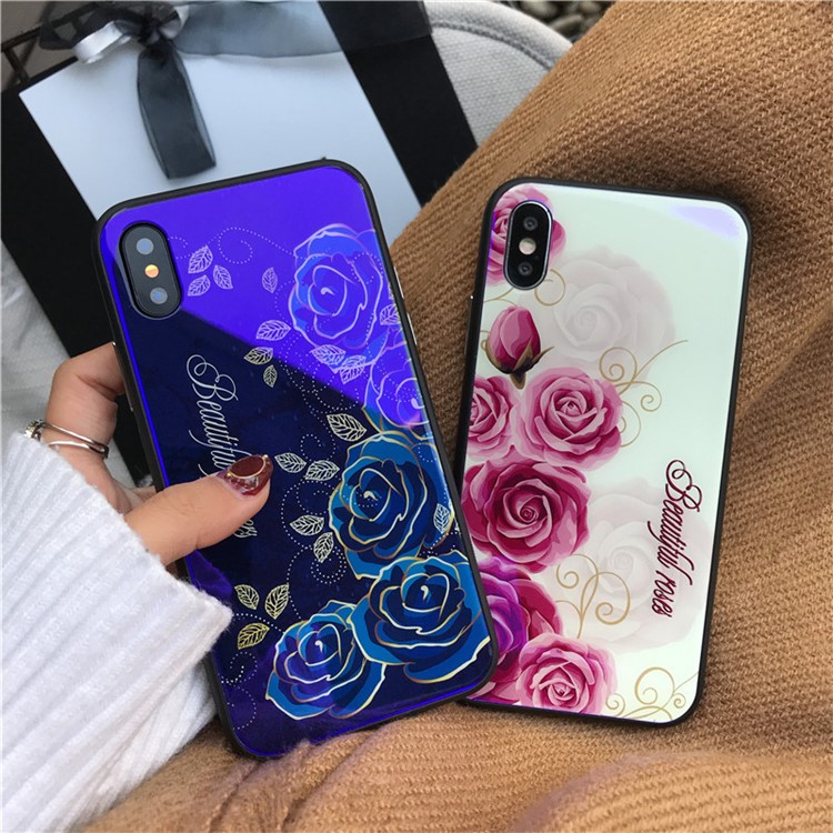 Roses Patterned Blue-ray Tempered Glass Back + TPU Edge Drop-proof Mobile Case for iPhone X - Pink-7